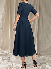 abordables Longueur du thé-Robe Mère de la Mariée A-Line Invité de Mariage Élégante Col Arrondi Longueur Thé Chiffon Manches Courtes avec Perles Appliques Robe Midi 2025