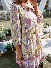 billiga Bohemklänningar-Dam Mini klänning Vardagsklänning Sommarklänning Boho-klänning Mode Utomhus Semester Dagligen Normal Blommig 3/4 ärm V-hals Gul Rodnande Rosa Blå Grön Sommar