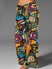 baratos Calça de linho de algodão simples-Mulheres Calças de linho de algodão Calças Calça Palazzo Moda Roupa de rua Comprimento total Natural Floral Estampado Design de cordão elástico Confortável Exterior Rua Roupa Diária Para Noite