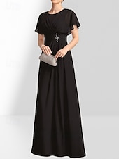 billige Gulvlengde-A-linje Mor til bruden Kjole Bryllupsgjester Elegant Crew Hals Gulvlengde Chiffon Korte Ermer med Pynt Rynking