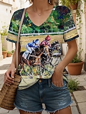 economico Kentucky Top-Derby del Kentucky Per donna Maglietta Grafico Animale Cavallo Elegante Casual Manica Corta Scollo a V Top Regolari Quotidiano Weekend Stampato Verde Estate Primavera