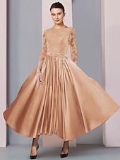 baratos Comprimento do chão-Vestido A-Line para Mãe da Noiva Convidada Formal Festa Elegante Decote Redondo Comprimento Chá Renda de Cetim Manga 3/4 com Cinto  Fita tamanho personalizado gratuito.