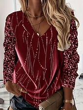 abordables Tops elegantes-Blusa básica metalizada para mujer con estampado brillante, manga larga, cuello en V, fiesta, año nuevo, amarillo, gris, primavera y otoño