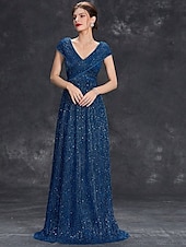 preiswerte BLAU-Kleid Brautmutterkleid Elegant Party V Ausschnitt Bodenlang Chiffon Polyester Kurzarm mit Paillette 2025