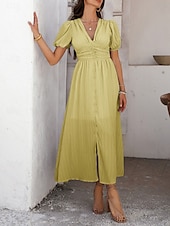 preiswerte Einfaches Kleid-Damen Maxi Kleid A-Linie Kleid Einfarbig Fit And Flare Kleid Puffärmelkleid Lässig Urlaub Täglich Reguläre Passform Grafik Kurzarm V-Ausschnitt Schwarz Gelb Pink Himmel Blau Sommer