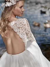 abordables vestidos de novia casuales-Vestidos de Boda Casuales A-Línea Boda de Playa Cuello con Picos Boho Barpque Encaje Manga Larga Cola Barrido Vestidos de Novia de Encaje Chiffon Plisado
