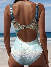 abordables Maillots une pièce-Maillots de bain pour femmes Maillot de bain une pièce Monokini Dos nu Vacances Plage Graphique Ombre Géométrique Col en U Sans manches Maillots de bain