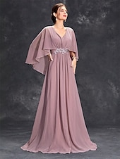 cheap Floor Length-Dress Mother of the Bride Dress Elegant Party V Neck Floor Length Polyester Half Sleeve with Appliques 2025
