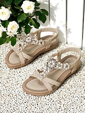 economico Sandali Comodi-sandali da donna blu navy con decorazioni floreali - eleganti scarpe estive basse con comoda soletta, ideali per l&#039;uso quotidiano o per feste in giardino
