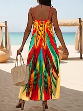 preiswerte Boho Kleider-Damen Maxikleid A Linie Kleid Sommerkleid Unterkleid Urlaub Lässig Täglich Normale Passform Grafik Stammes Ärmellos V Ausschnitt Orange Sommer Frühling