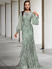 economico Lunghezza del pavimento-Abito madre della sposa a sirena per invitati a matrimoni elegante brillante scollo gioiello strascico/traine in chiffon maniche lunghe con applicazioni in paillettes 2025 taglia personalizzata