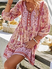 billiga Bohemklänningar-Dam Mini klänning Vardagsklänning Sommarklänning Boho-klänning Mode Utomhus Semester Dagligen Normal Blommig 3/4 ärm V-hals Gul Rodnande Rosa Blå Grön Sommar