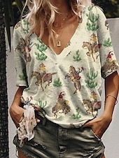 abordables Kentucky top-Derby du Kentucky Femmes T-shirt Graphique ancien Occasionnel Manche Courte Col en V Hauts Réguliers Quotidien Week-end Imprimé Jaune Rouge Gris Été