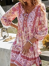 billiga Bohemklänningar-Dam Mini klänning Vardagsklänning Sommarklänning Boho-klänning Mode Utomhus Semester Dagligen Normal Blommig 3/4 ärm V-hals Gul Rodnande Rosa Blå Grön Sommar