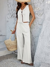 cheap Sets-Women&#039;s Active Basic Linen-Inspired Sets Two Piece Sets Vest Sleeveless V Neck Solid Color Lace up Casual Daily White Wine Dark Navy Summer Regular Fit