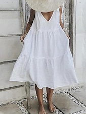 preiswerte Weiße Freizeitkleider-Damen Midikleid Weißes Kleid Casual kleid Sommerkleid Elegant Modern Täglich Sommerkleid Lockere Passform Glatt Einfarbig Ärmellos Tiefes V Schnürkragen Schwarz Weiß Rote Sommer
