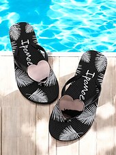 baratos Sandálias de Férias-chinelos femininos em formato de coração – sandálias de praia casuais douradas metálicas com estampa tropical para uso no verão, na piscina e nas férias