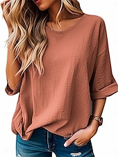 cheap Plain Tops-Women&#039;s Blouse Solid Color Elegant Daily Stylish Half Sleeve Crew Neck Regular Tops Daily Linen Like Blue Purple Orange Green Summer Spring