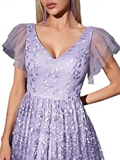 preiswerte Unter 129,99 $-Kleid Mutter der Braut Kleid elegantes lässiges V-Ausschnitt bodenlang Polyester Kurzarm mit Blume