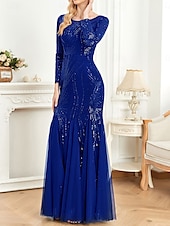 economico NERO-Abito madre della sposa abito elegante festa collo a giro lunghezza a terra cotone misto maniche lunghe con paillettes 2025