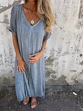 abordables Vestido Sencillo-Vestido maxi de mujer vestido en A de color sólido casual al aire libre ajuste regular gráfico sin mangas cuello en V fucsia naranja azul oscuro gris verano