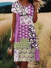 halpa Boho-mekot-Naisten Mini Mekko A-Linjainen Mekko T-paita Mekko Tee Mekko Kesämekko Tyylikäs Mukava Päivittäinen Normaalikoko Kukka Grafiikka Lyhythihainen Crew Neck Purppura Kesä Kevät