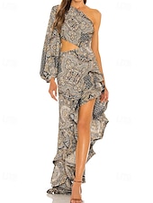 cheap YELLOW-Mermaid / Trumpet Evening Gown Elegant Dress Wedding Wedding Guest Floor Length Long Sleeve One Shoulder Asymmetrical Neckline Satin with Floral Print Pleats Ruffles Wedding Guest Dress 2025