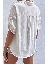 preiswerte Hemden-Damen Hemd Baumwoll-Leinen-Hemden Knopfleiste Bluse Einfach Basic Lässig Kurzarm Hemdkragen Normale Oberteile Ferien Ausgehen Knöpfe Tasche Schwarz Weiß Marineblau Khaki Grau Sommer
