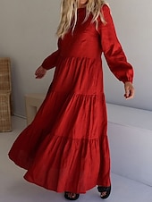 economico disegnare abiti in cotone e lino-Per donna Abito Midi Abiti ispirati al lino Abito in cotone e lino Moda Moderno All&#039;aperto Ferie Uscire Vestibilità regolare Semplice Manica Lunga Girocollo Nero Bianco Rosso Estate