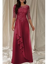 levne Délka podlahy-A-Linie Šaty matky nevěsty pro svatební hosty Elegantní kulatý výstřih Různé délky Šifon krajka 3/4 délka rukávu s perličkami Růžky Aplikace