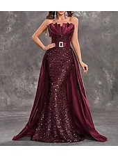 cheap RED-Mermaid / Trumpet Evening Gown Vintage Dress Evening Party Wedding Reception Sweep / Brush Train Sleeveless Strapless Belt / Sash Sequined Backless with Glitter Sequin