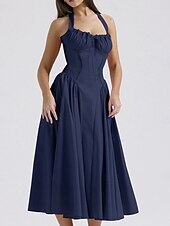 cheap Dresses-Retro Vintage Medieval Renaissance Midi Dress Flare Dress Ren Faire Halter Regency Inspired Floral Women&#039;s Masquerade Wedding Vacation Casual Daily Adults&#039; Dress Summer