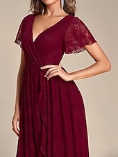 baratos Vestidos para Madrinhas-vestido de madrinha linha a decote em v manga curta elegante renda assimétrica com pregas / franzido 2025