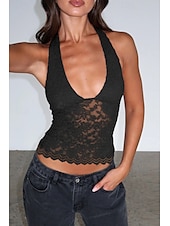 levne Krajkové topy-Dámské Tričko Halenka Bez vzoru Módní Na běžné nošení Bez rukávů Do V Crop Tops Víkend Krajka Slátanina Černá Bílá Fialová Léto