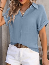 preiswerte Damen Einfache Oberteile-Damenshirt Button-Down Bluse Einfarbig Stilvoll Lässig Kurzarm Hemd Button-Down Bluse Kragen Reguläre Oberteile Tägliche Knöpfe Weiß Hellgrün Pink Blau Sommer Frühling