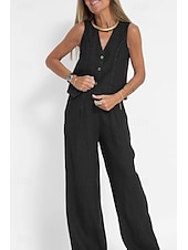 cheap Sets-Women&#039;s Active Basic Linen-Inspired Sets Two Piece Sets Blouse Sleeveless V Neck Solid Color Dubbele Rij Knopen Vacation Casual Daily Black White Wine Summer Regular Fit