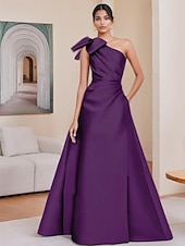 baratos Vestidos de Noite-Vestido de Festa à Noite em A-Line Vestido Elegante Formal de Festa à Noite Comprimento de Chão Sem Mangas Um Ombro Satin com Laço(s) e Pregas