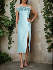 preiswerte Cocktailkleider-Säulen Cocktailkleider Elegantes Kleid Formelles Hochzeitskleid Tee Länge Ärmellos Off-Shoulder Rosa Kleid Satin mit Blume