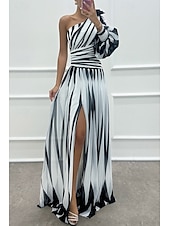 preiswerte Elegante Blumenkleider-Damen kleid lang Ballkleid abendkleider Cocktailkleid Modisch Party Tee-Party Ausgehen Regular Fit Farbblock Langarm Ein-Schulter Weiß Grün Rosenrot Sommer