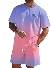 billiga T-shirts med tryck för män-Herr Nyans Palmträd 2st T-shirts uppsättningar Summer Tops Kortärmad Korta byxor Rund hals Strandsemester Sport Dagligen Utekväll 3D-utskrift Sommar Vit Blå Grön