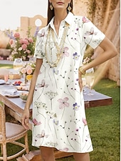 ieftine rochie florală-Pentru femei Rochii Midi Rochie A line Vacanță Casual Zilnic Dată Fit regulat Floral Grafic Frunză Manșon scurt Guler Cămașă Alb Vară