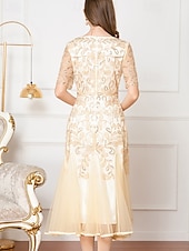 cheap Tea Length-A-Line Beaded Dress Mother of the Bride Elegant Vintage Party V Neck Floor Length Lace Beaded Sequin Lace Short Sleeve with Flare