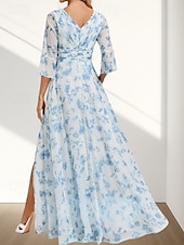 billige Brudepikekjoler-A-Line Brudens mor Kjole Bryllupsgjest Elegant V-hals Gulvlengde Chiffon 3/4 Lengde Erme med Folder Rynket Splitt Foran Bryllupsgjest Kjole 2025
