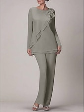 voordelige Broekpakken van mama-Strand Bruiloft Twee Delige Jumpsuit  Pantsuit Moeder van de Bruid Bruiloft Gast Elegante Plus Size Juweel Hals Vloerlengte Chiffon Lange Mouw met Strik(ken) Rimpelingen 2025
