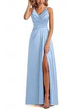cheap Bridesmaid Dresses-A-Line Bridesmaid Dress V Neck / Spaghetti Strap Sleeveless Elegant Floor Length Satin with Split Front / Ruching