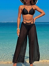 abordables Ensemble bikini 3 pièces-Femmes Maillots de Bain Bikini Trois Pièces Maillot de bain Dos nu Tropical Tenues de plage Uni Fil en V Sans manches Maillots de bain