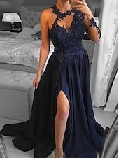 economico BLU-Abito da sera A-Line abito vintage gala black tie chiesa strascico  spazzola lunghe maniche spalla unica crepe elasticizzato schiena a scala con glitter paillettes spacco
