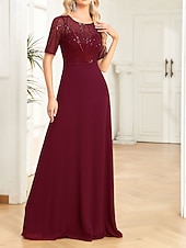 abordables Moins de 129,99 $-Robe pour mère de la mariée élégante robe de soirée décolleté rond longueur sol en chiffon spandex à manches courtes avec sequins