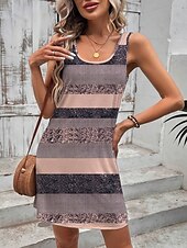 preiswerte Streifen- und geometrische Kleider-Damen Minikleid A Linie Kleid Sommerkleid Schulterfreies Kleid Urlaub Lässig Täglich Lässiger Schnitt Grafik Geometrisch Gestreift Ärmellos U-Ausschnitt Rosa Sommer