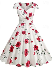 tanie Sukienki-Lata 50. Retro / vintage Rockabilly Do kolan Sukienka kopertowa Sukienka huśtawka Rozkloszowana sukienka Normalny Krótki kimonowy Kwiaty Obcisła i rozszerzona Huśtawka wisząca W serek Strój na bal